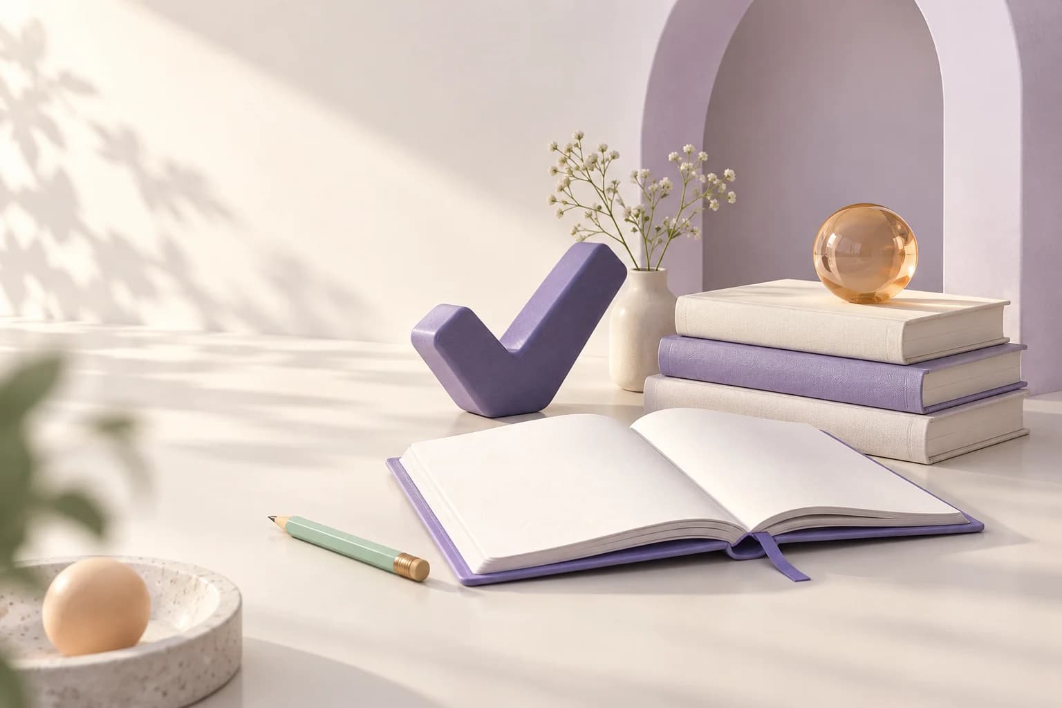 Ruhige Lernwelt mit einem offenen Notizbuch, einem violetten Haken und geordneten Büchern